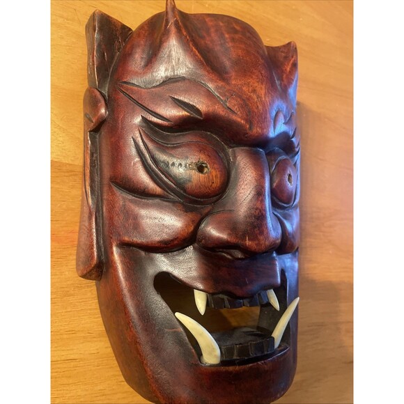 Japanese Wood Oni Mask Noh Carved Kyougen Kagura Hannya Devil Demon Wall - Picture 4 of 8